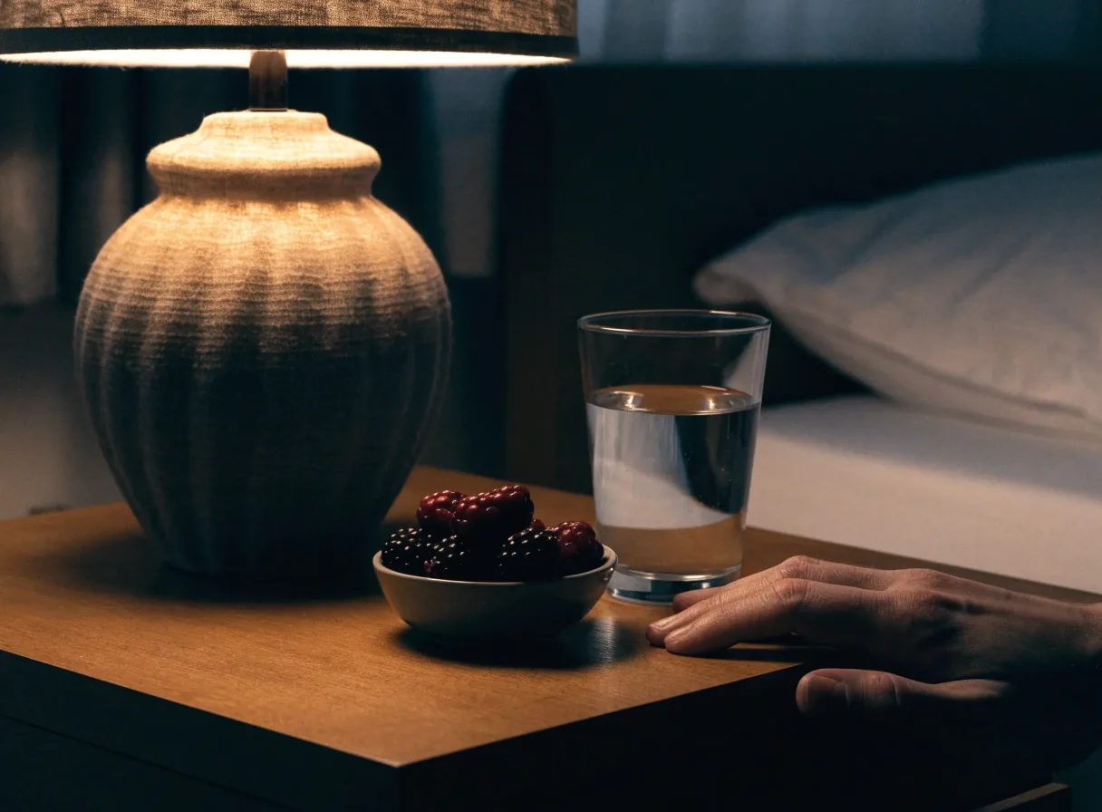 A bedside table with a warm lamp and a glass of water in a dark bedroom at night