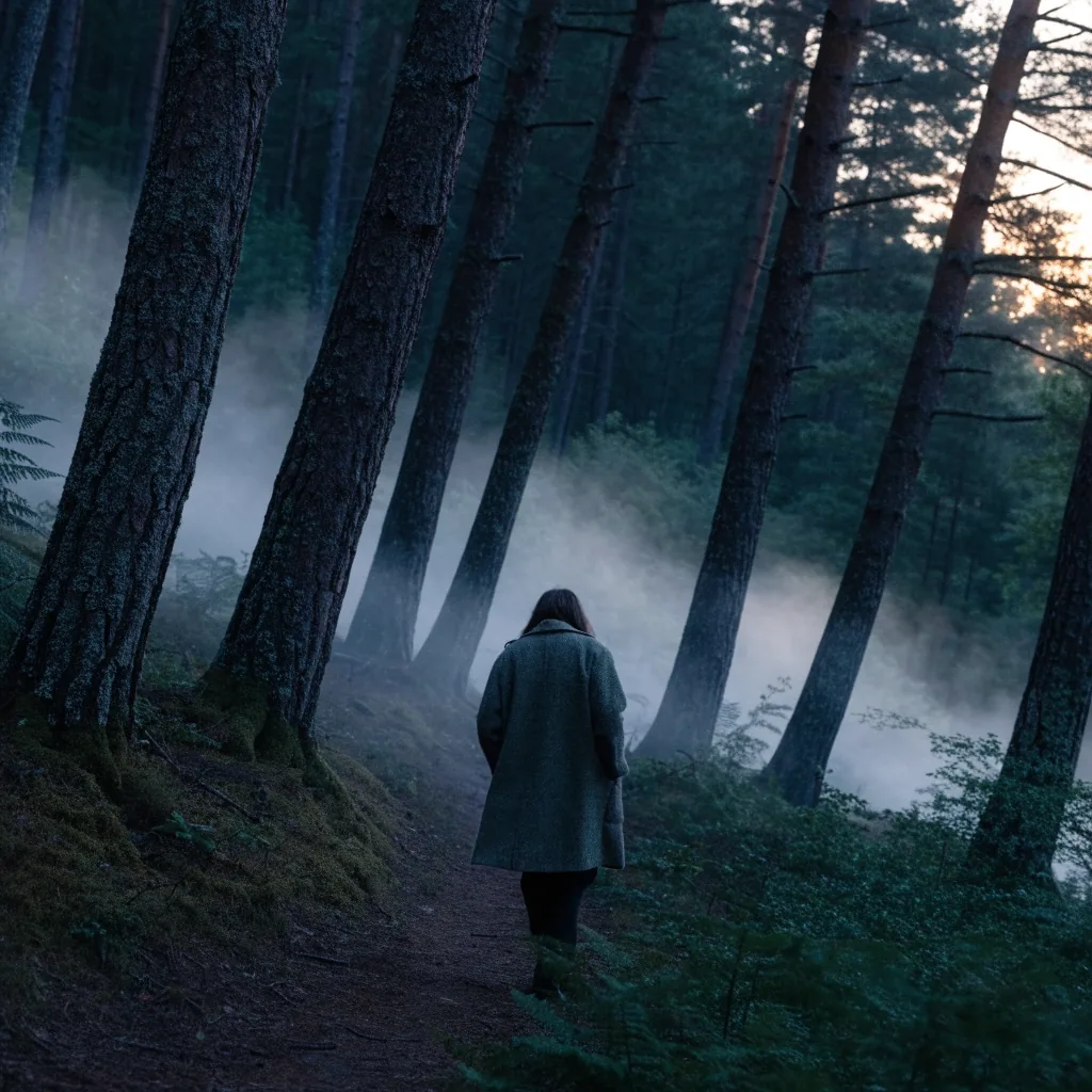 A quiet gravel path through a misty Nordic forest at dusk
