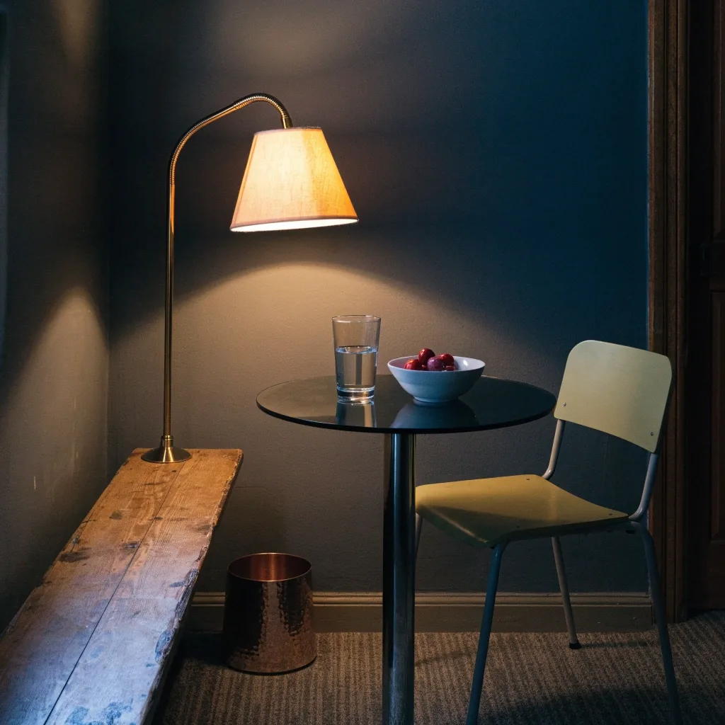 An empty consultation table at night with two wooden stools, a glass of water and a warm wall lamp