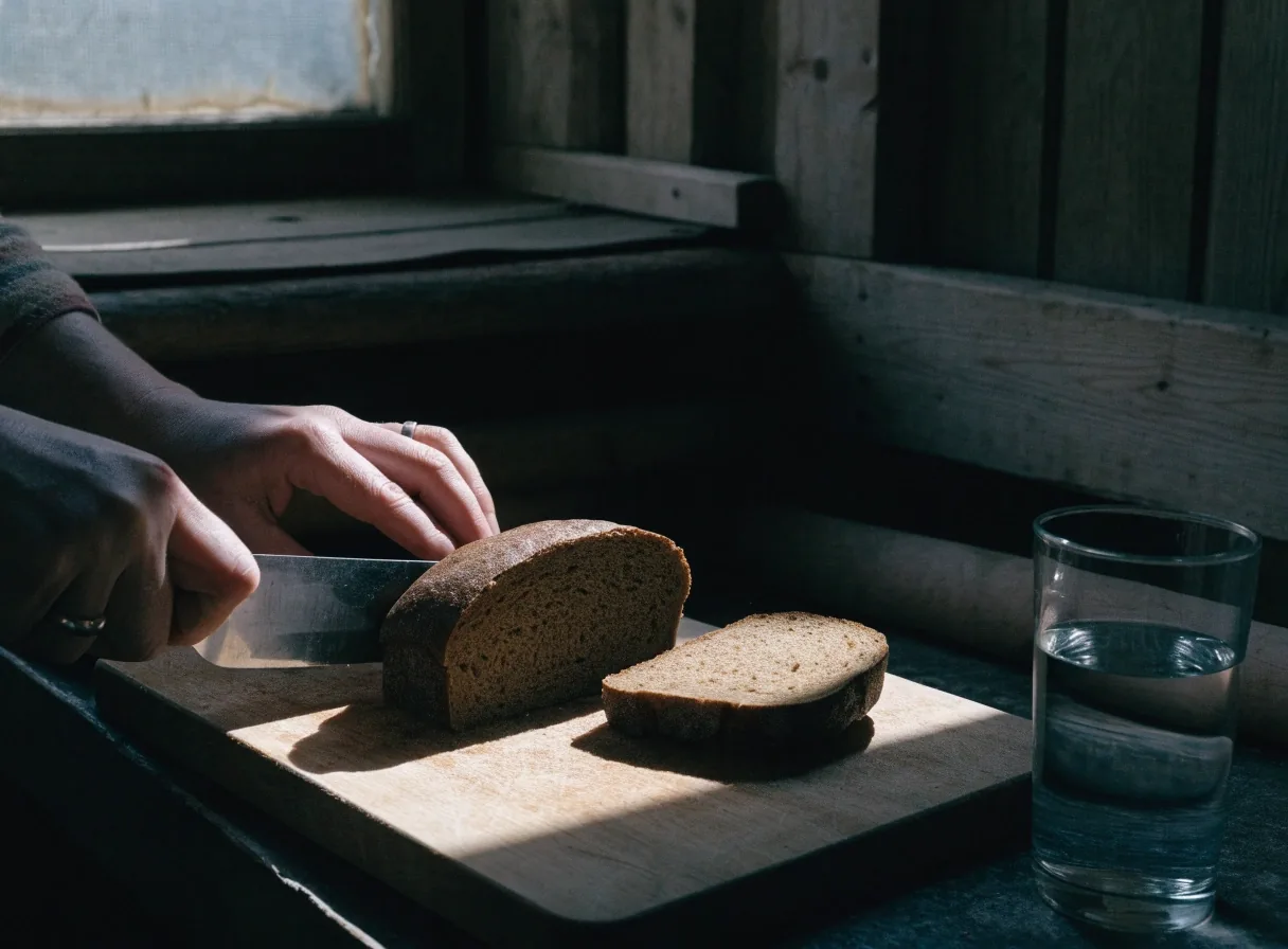 A hand holding a plain glass of water against a dark wall in warm low light