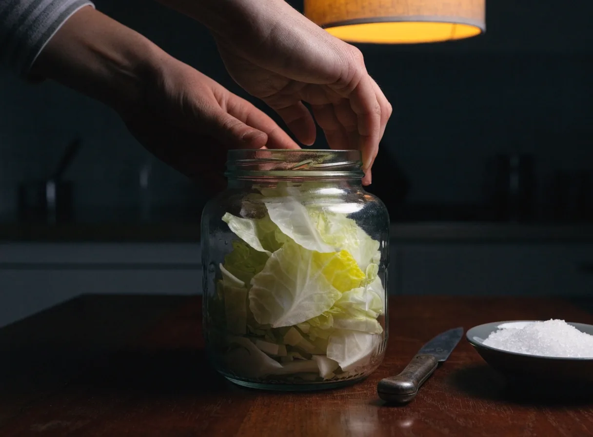 Autumn root vegetables on a wooden board with a paring knife, lit by a single warm overhead lamp