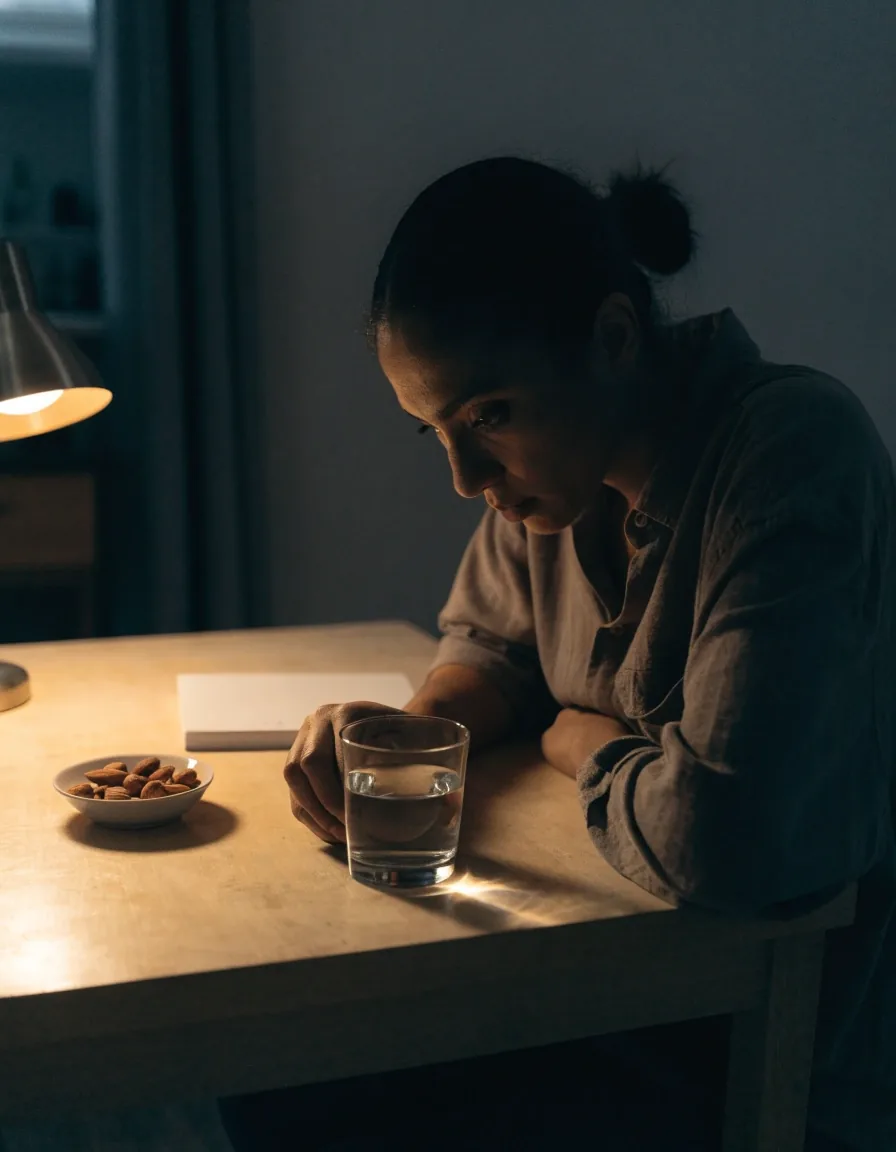 Two hands resting on a kitchen table beside a glass of water, a bowl of nuts and a closed notebook