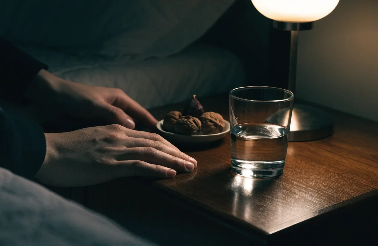 Hands resting beside a glass of water and a small dish of walnuts and figs on a dark wooden night table, warm lamp light from the right