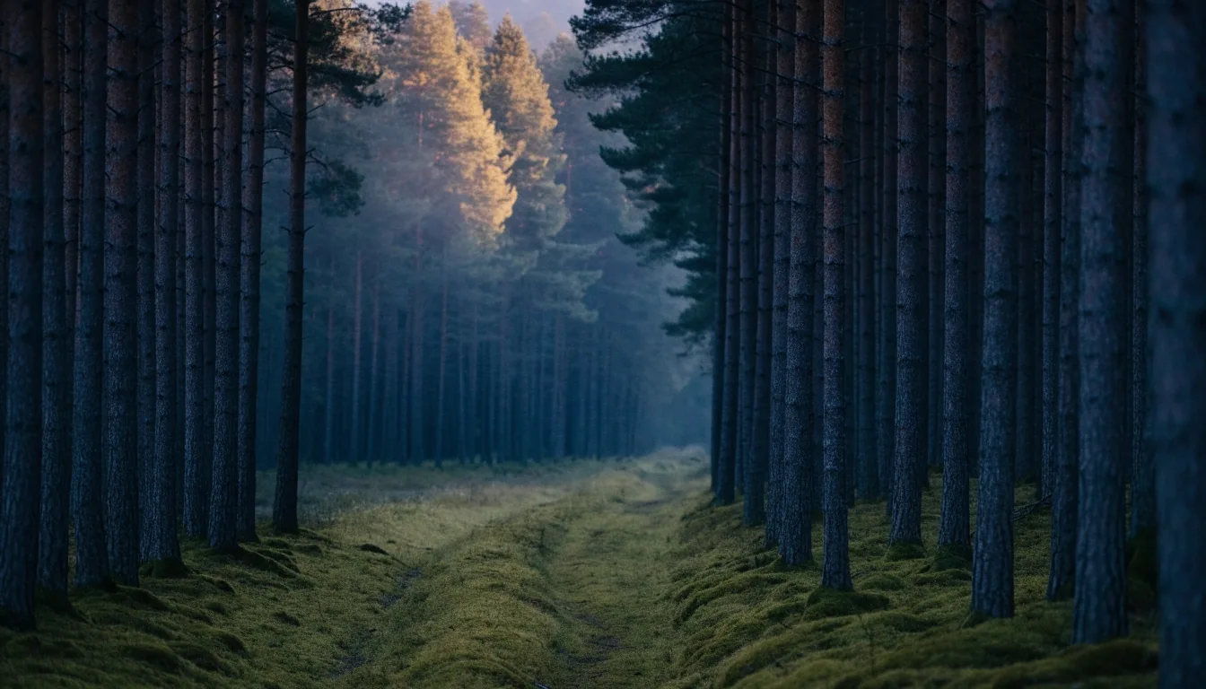 A narrow dusk forest path among mossy pine trunks in soft mist